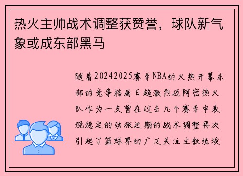热火主帅战术调整获赞誉，球队新气象或成东部黑马